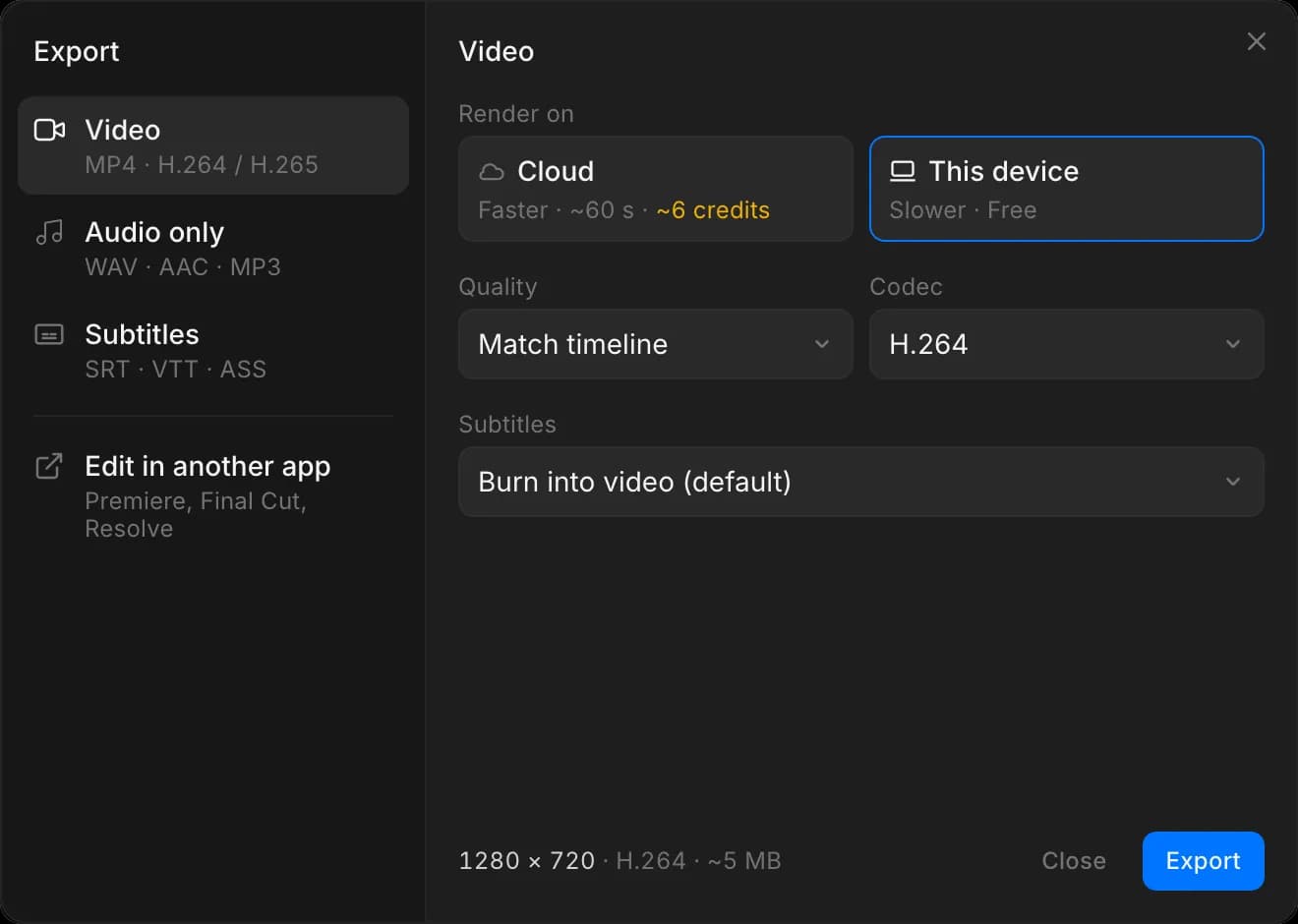 The 'Export video' dialog with Render on, Quality, Codec and Subtitles, the output dimensions, and the Export button