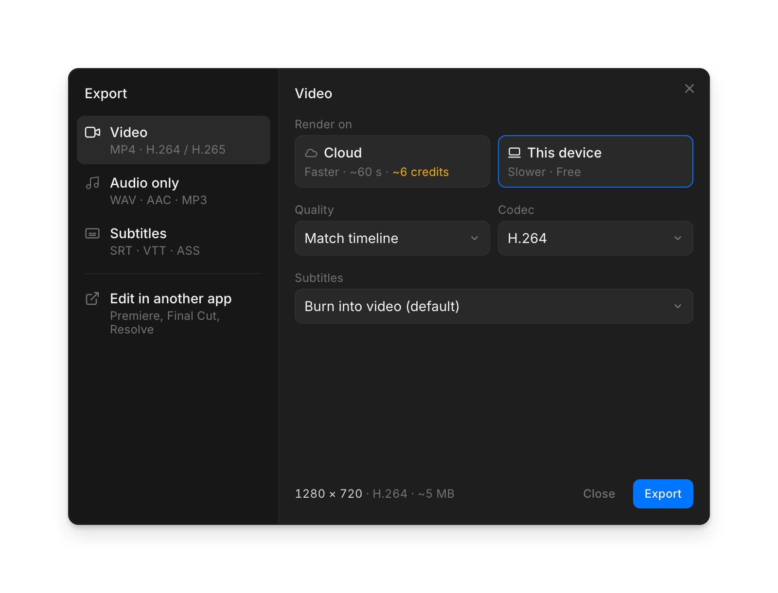 The Export dialog on 'Video', with Render on set to This device, Quality, Codec and Subtitles, and the size and codec at the bottom