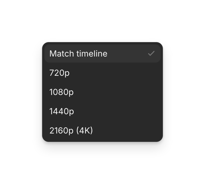 The Quality menu: Match timeline, 720p, 1080p, 1440p and 2160p (4K)