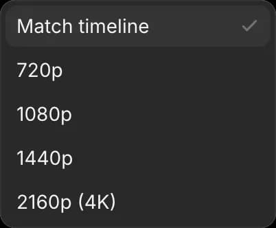 The Quality menu: Match timeline, 720p, 1080p, 1440p and 2160p (4K)