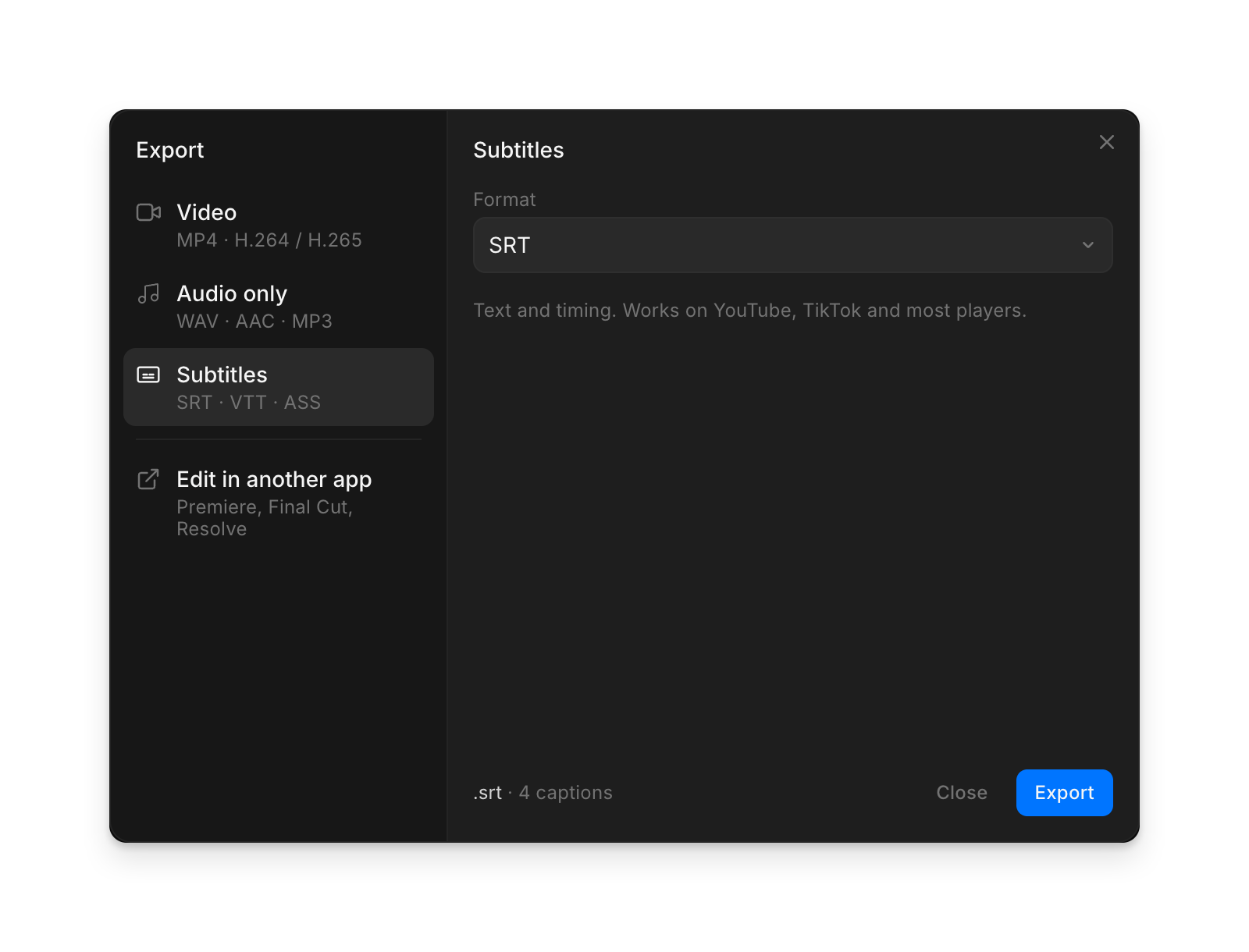 The Export dialog on 'Subtitles', with Format set to SRT and the caption count at the bottom