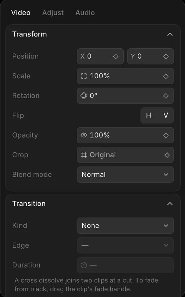 The right panel with a clip selected: Video, Adjust and Audio tabs, then Transform and Transition settings