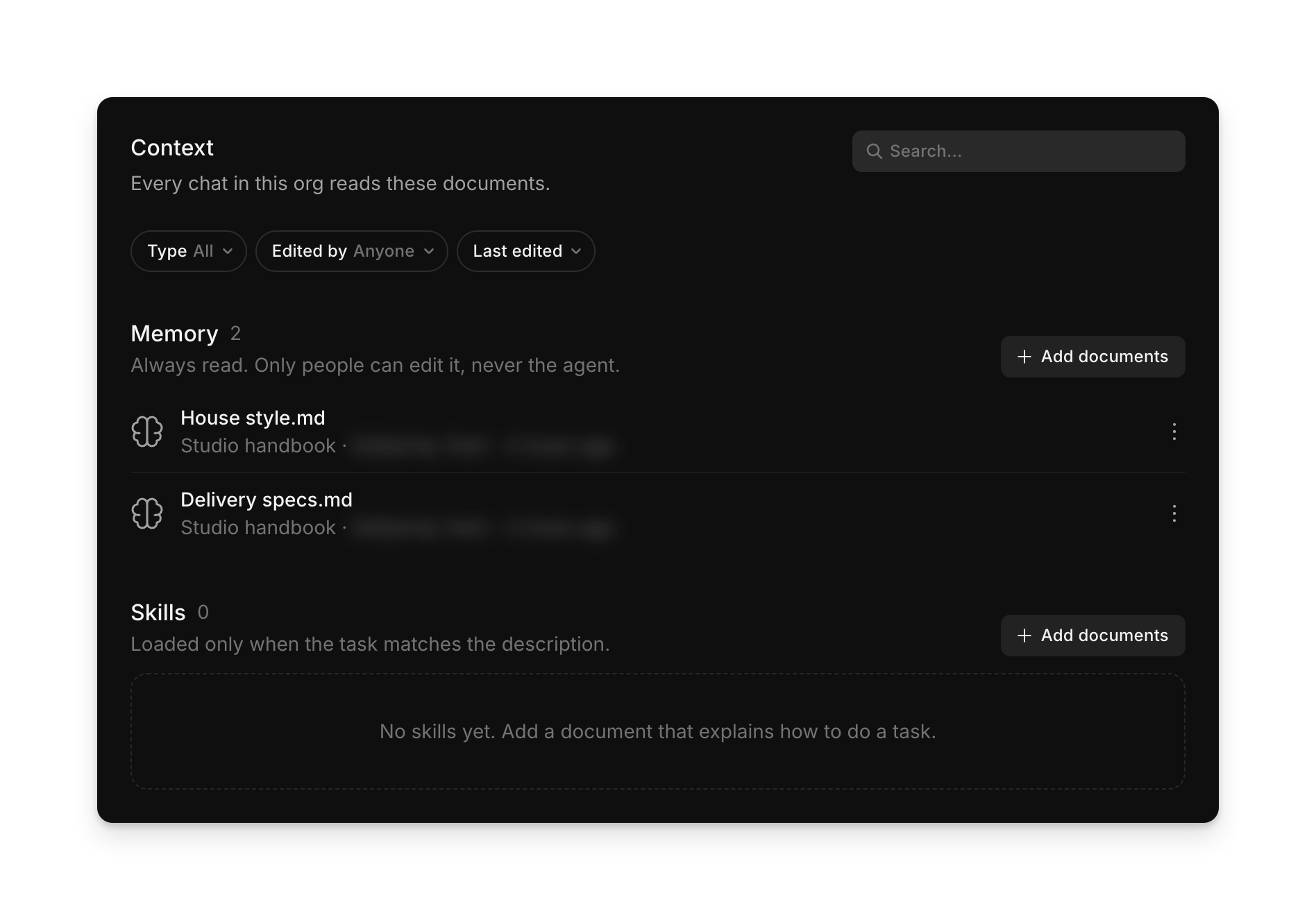 Organization context in Settings, with two memory documents from the Studio handbook project