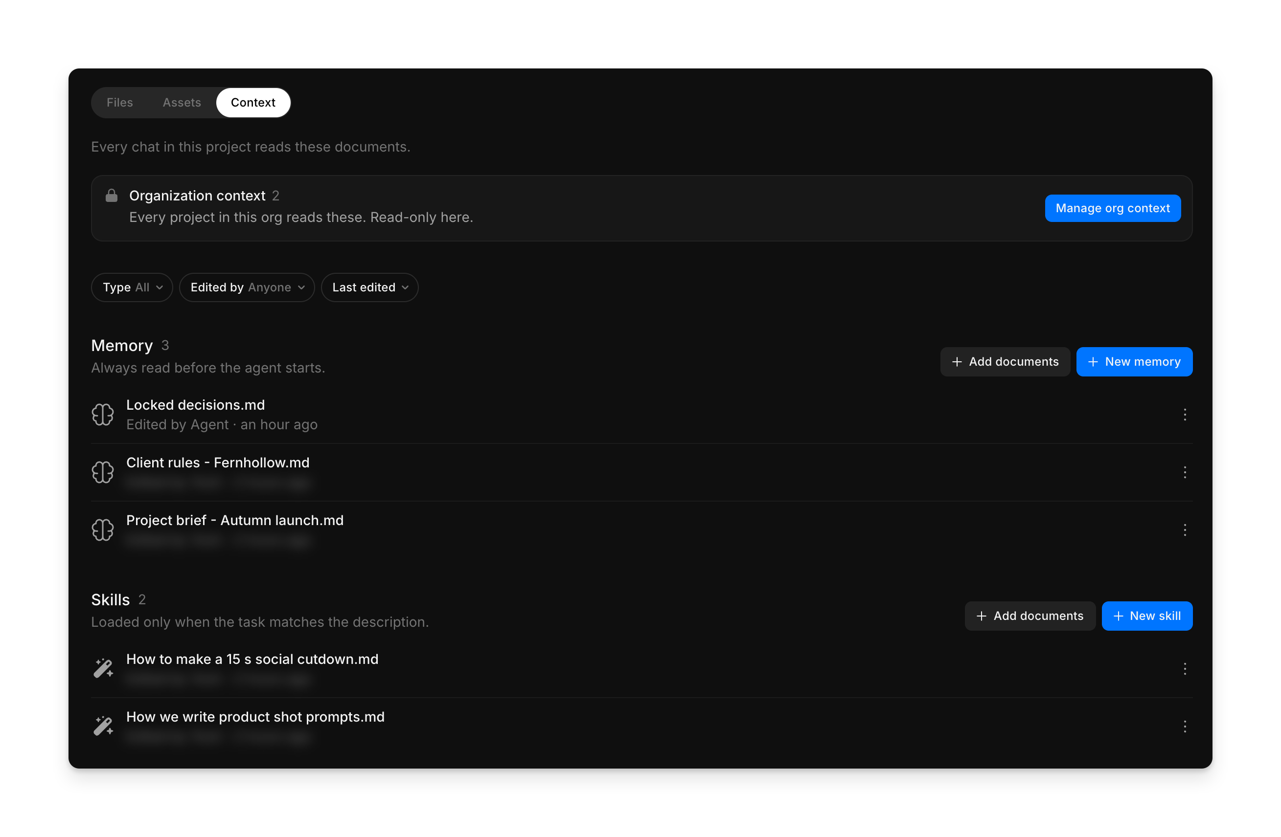 A project's Context tab with the organization context bar, three memory documents and two skills