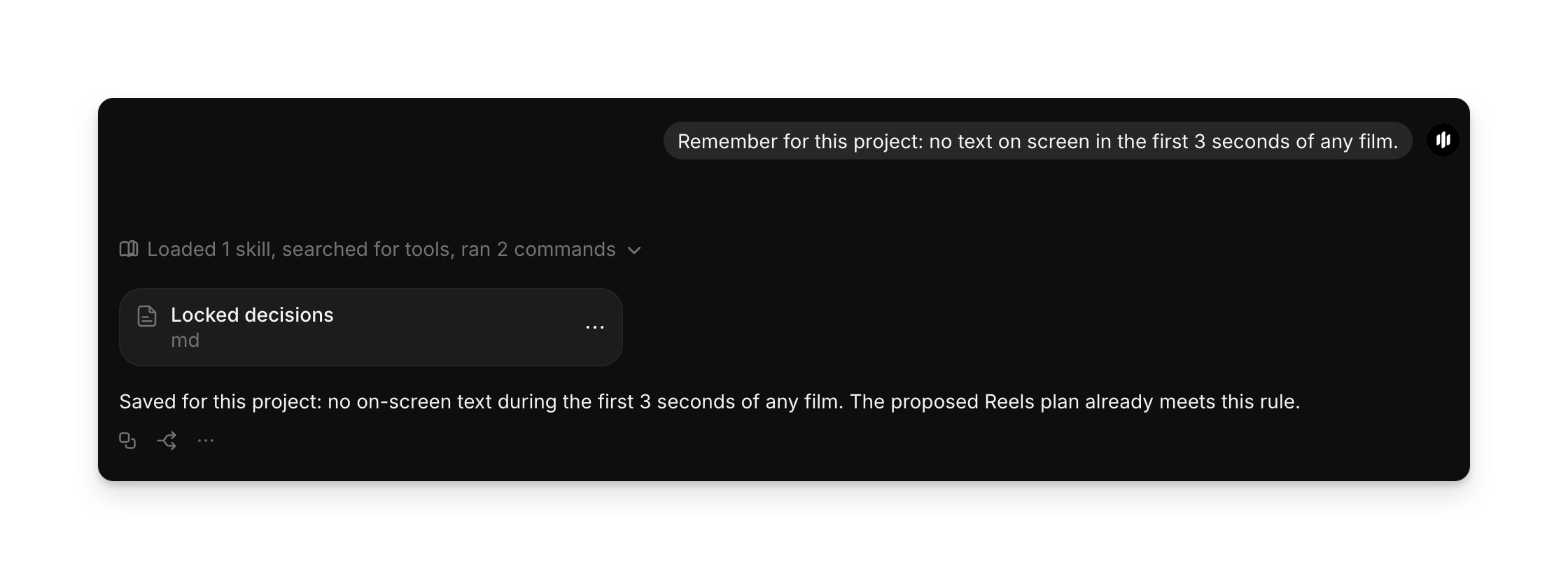 A Copilot chat where a rule is saved for the project and the updated memory document is shown