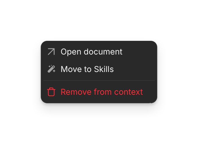 The menu on a context document's row: Open document, Move to Skills and Remove from context