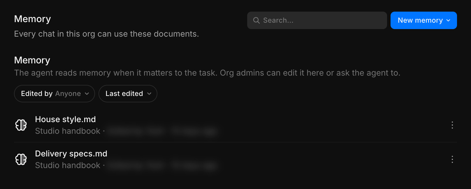 Organization memory in Settings, with two documents from the Studio handbook project