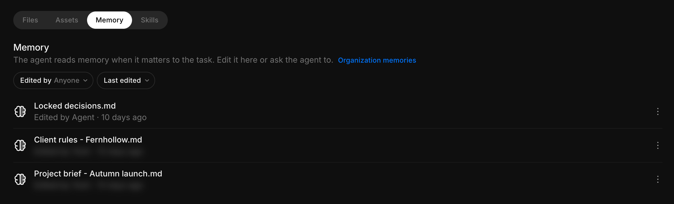 A project's Memory tab with three memory documents, the Edited by filter and the sort menu