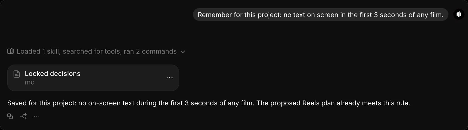 A Copilot chat where a rule is saved for the project and the updated memory document is shown