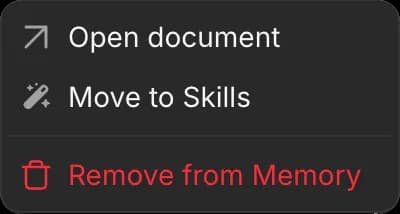 The menu on a memory document's row: Open document, Move to Skills and Remove from Memory