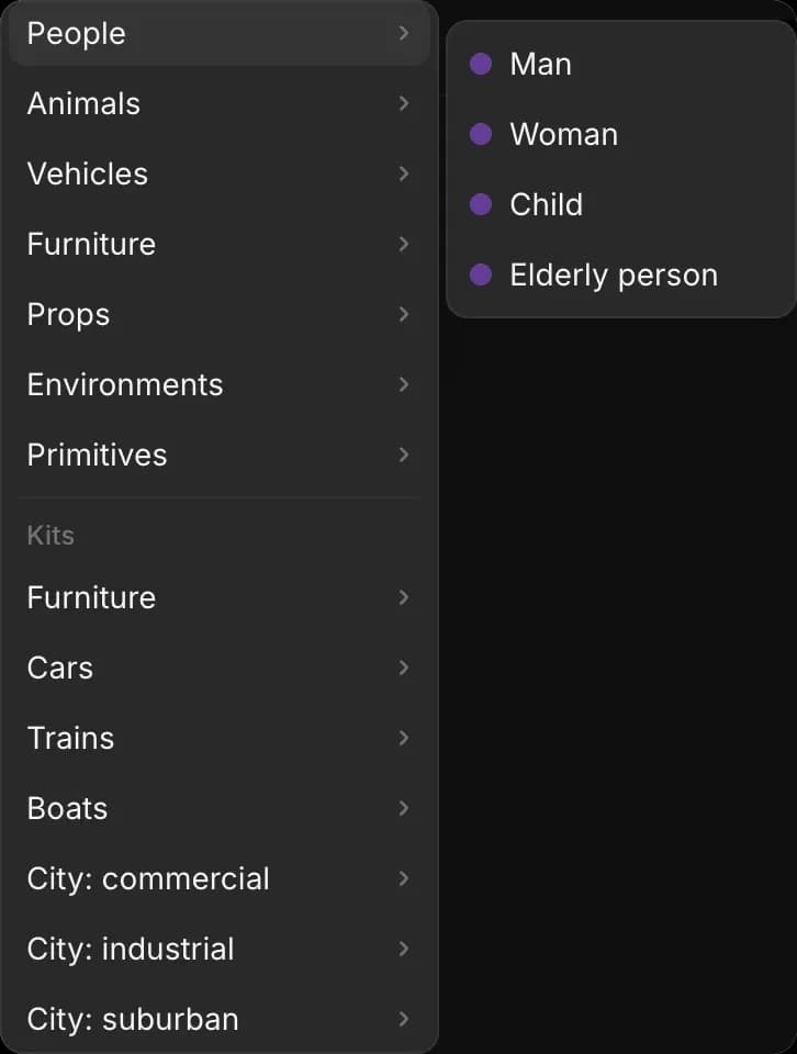The Add object menu, with People open showing Man, Woman, Child and Elderly person