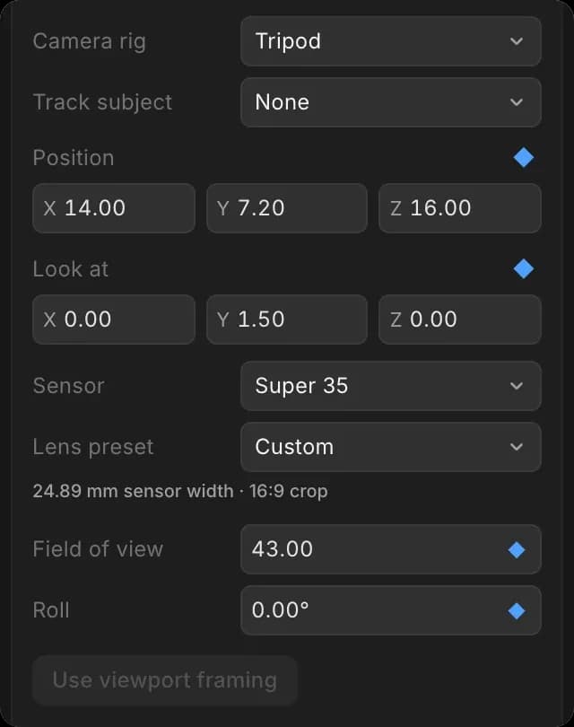 Shot camera settings: Camera rig, Track subject, Position, Look at, Sensor, Lens preset, Field of view, Roll and Use viewport framing