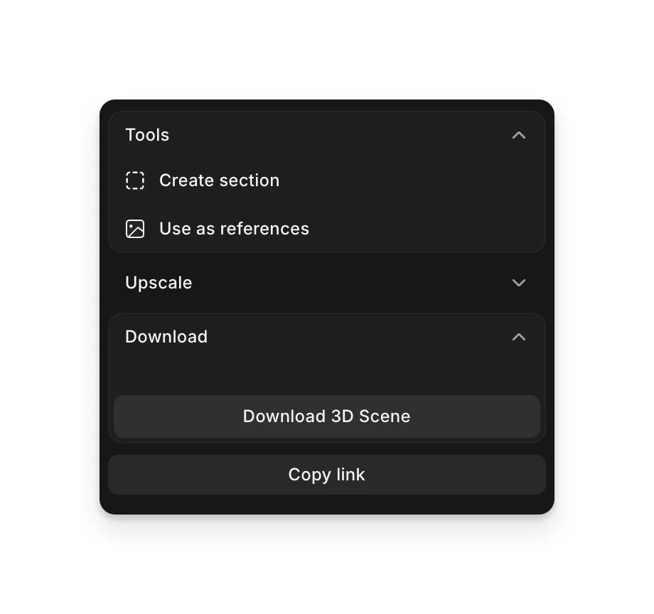 The right panel for a scene selected on the Canvas, with Download 3D Scene