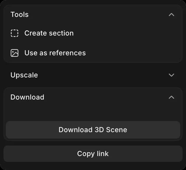The right panel for a scene selected on the Canvas, with Download 3D Scene
