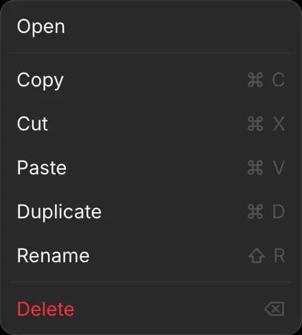 The right-click menu on a scene on the Canvas: Open, Copy, Cut, Paste, Duplicate, Rename, Delete