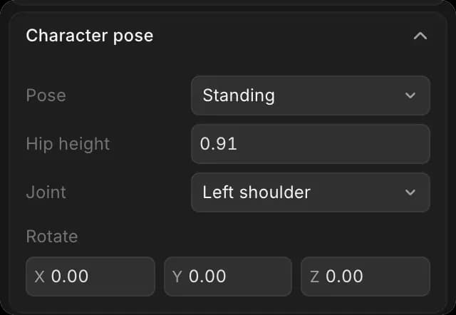 Character pose: Pose, Hip height, Joint and Rotate