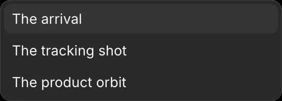 The Examples menu: The arrival, The tracking shot, The product orbit
