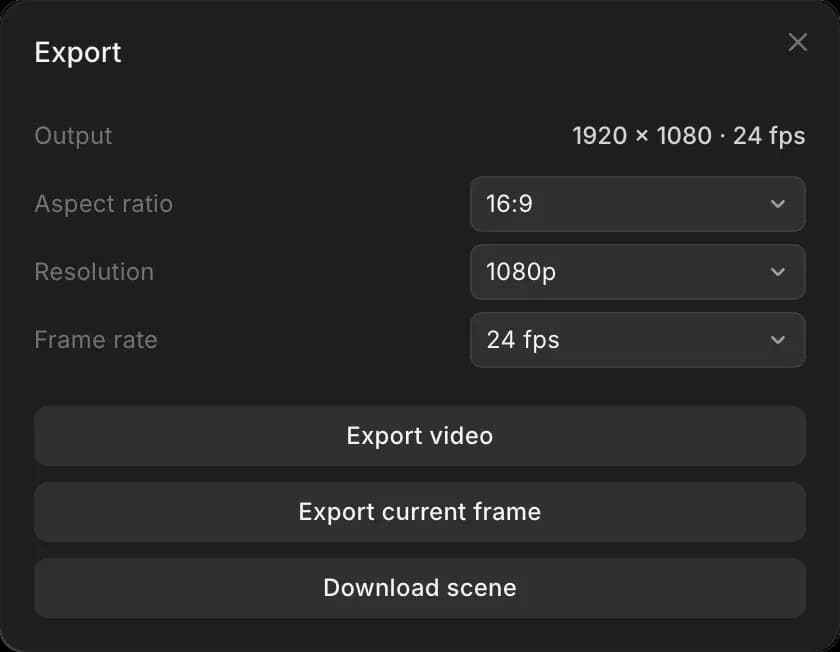 The Export dialog: Output, Aspect ratio, Resolution, Frame rate, Export video, Export current frame and Download scene