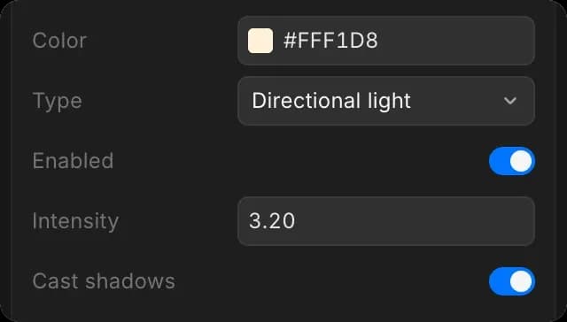 Settings for the Sun light: Color, Type, Enabled, Intensity and Cast shadows