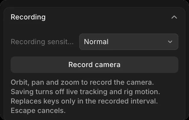 Recording in the Animate tab with the shot camera selected: Recording sensitivity and Record camera