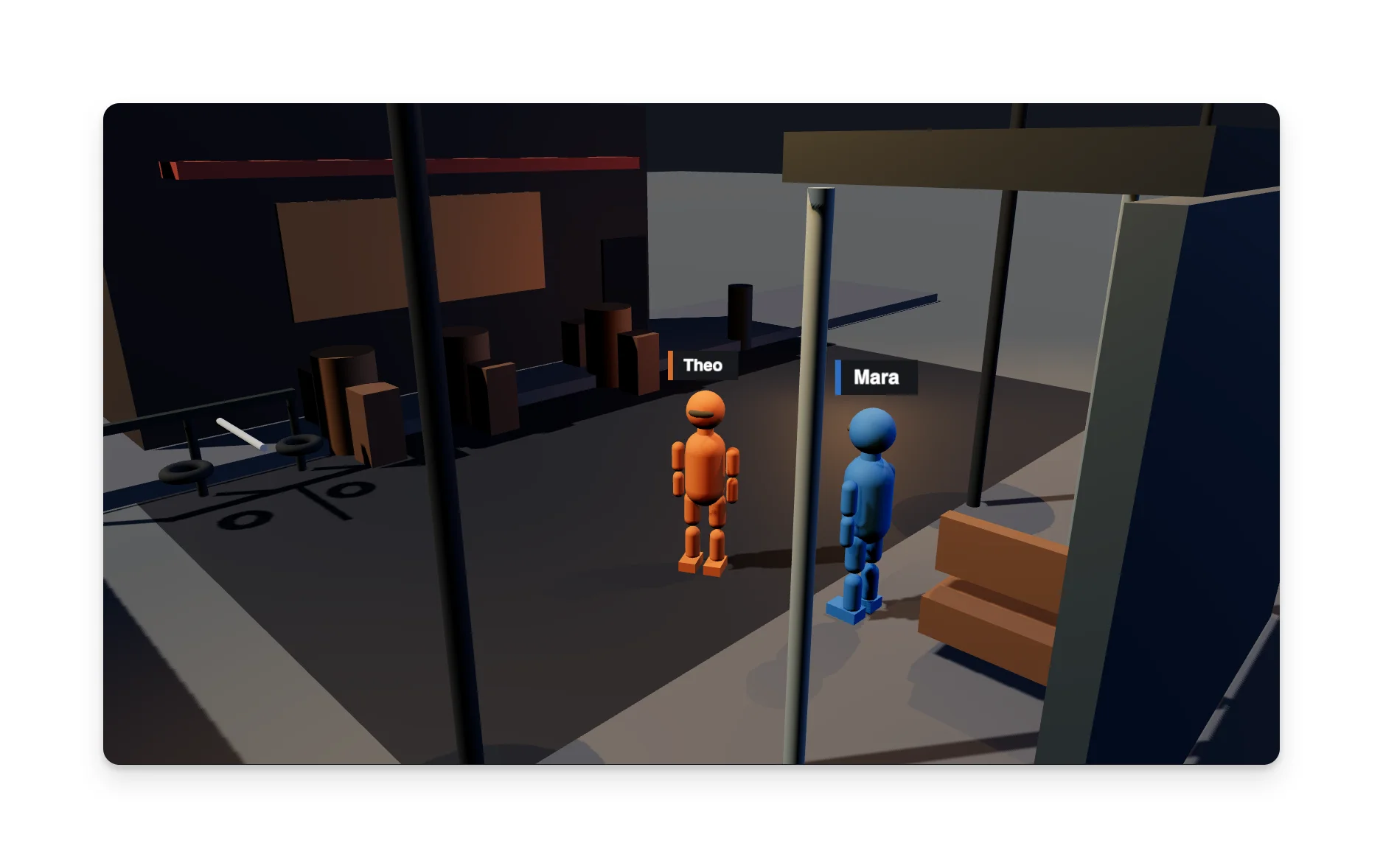 The shot camera's view: two labelled mannequins, Theo in orange and Mara in blue, at a night bus shelter