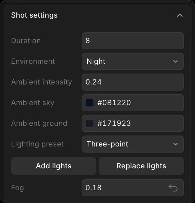 Shot settings in the Scene tab, with Duration at the top