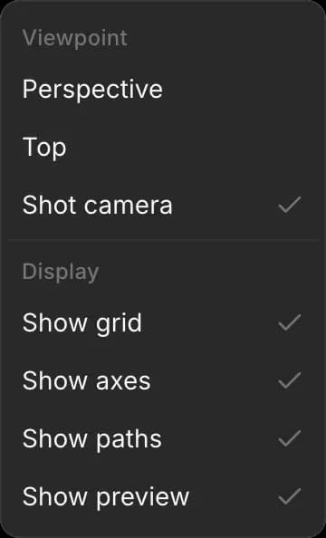 The View menu: Perspective, Top and Shot camera, then Show grid, Show axes, Show paths and Show preview