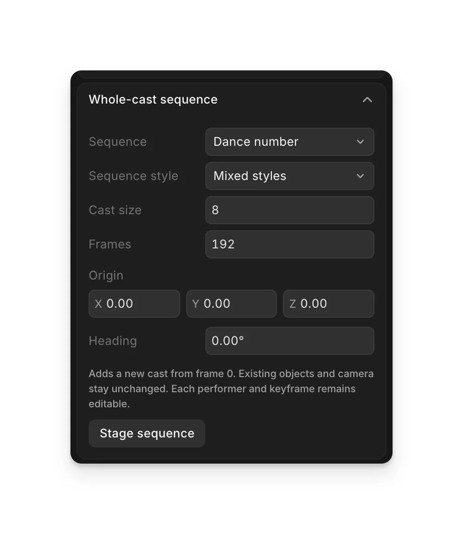 Whole-cast sequence in the Scene tab: Sequence, Sequence style, Cast size, Frames, Origin, Heading and Stage sequence