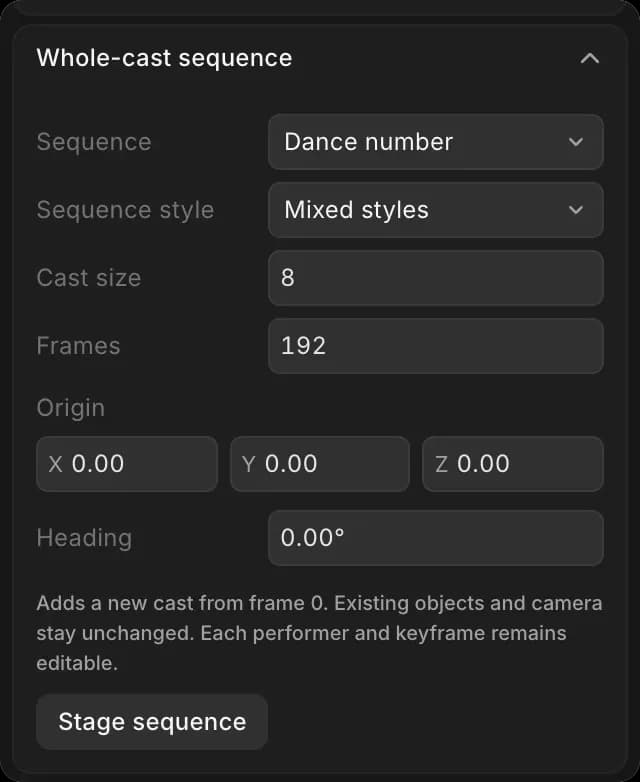 Whole-cast sequence in the Scene tab: Sequence, Sequence style, Cast size, Frames, Origin, Heading and Stage sequence