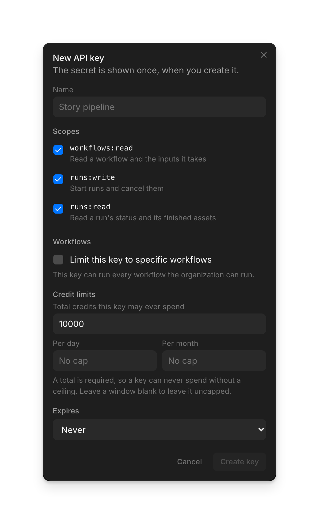 The form for a new API key: name, scopes, workflows, credit limits and expiry