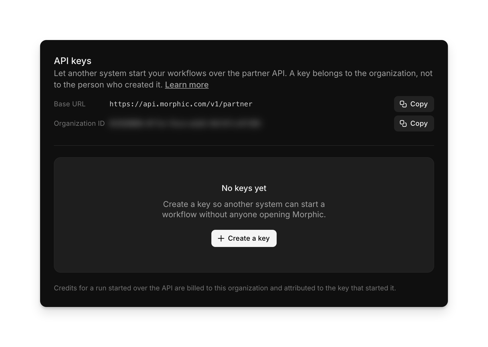 The API keys page, with the base URL, the organization ID and the button to create a key