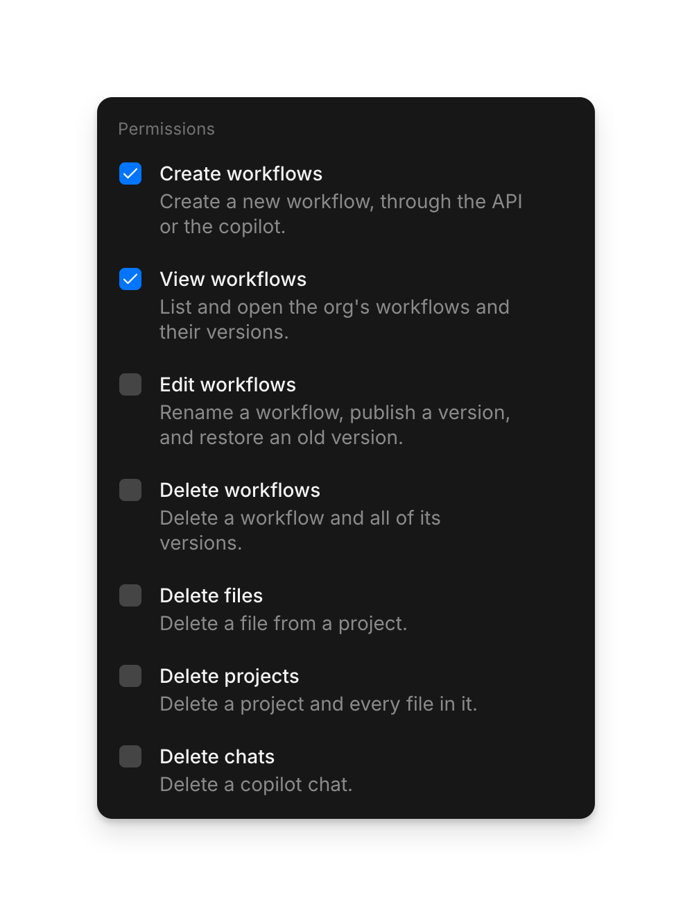 Les permissions du Default Group, avec seulement « Create workflows » et « View workflows » cochées