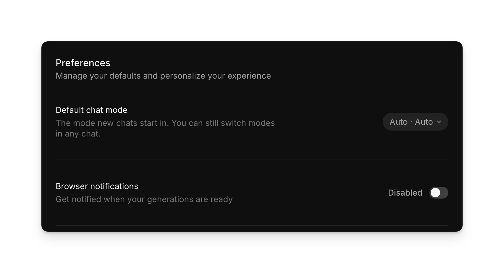La page des préférences, avec le mode de discussion par défaut et le réglage des notifications du navigateur