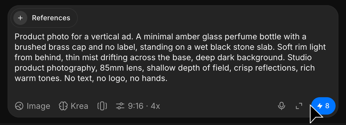 The prompt bar in Image mode with an image model, 9:16 and 4 variations, and the product photo prompt typed