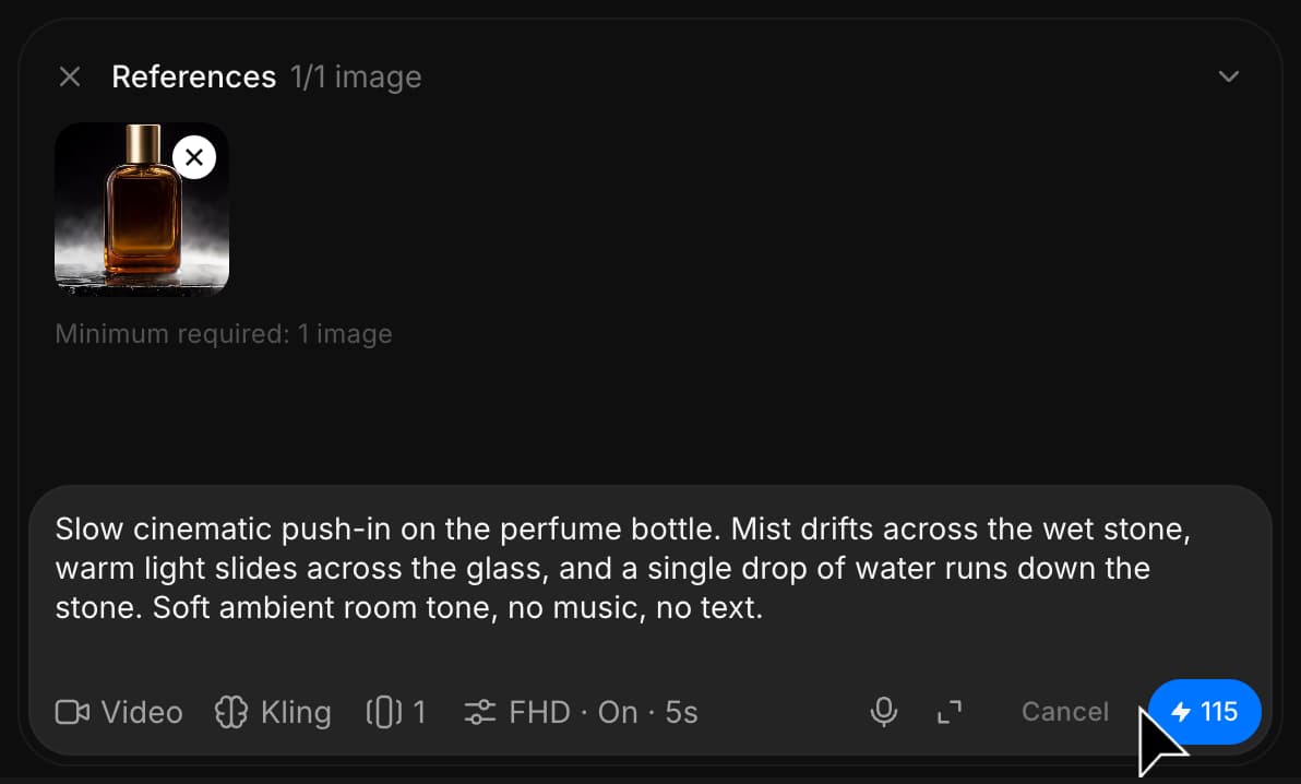 The prompt bar in Video mode with the photo attached, a video model at FHD with audio for 5 seconds, and the motion prompt typed