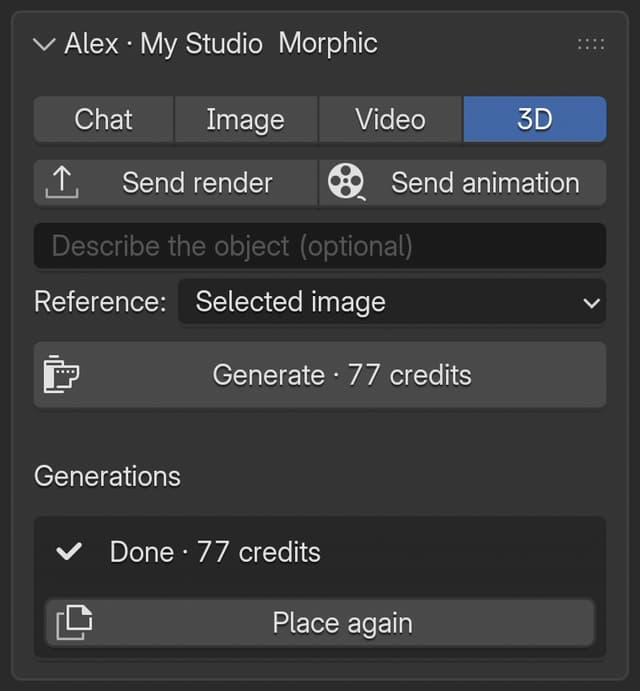 The 3D tab with 'Selected image' as the reference and the priced Generate button