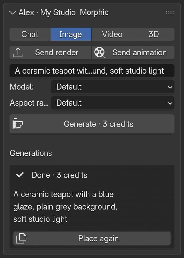 The Image tab: the prompt, Model and Aspect ratio, the priced Generate button and a finished generation with 'Place again'
