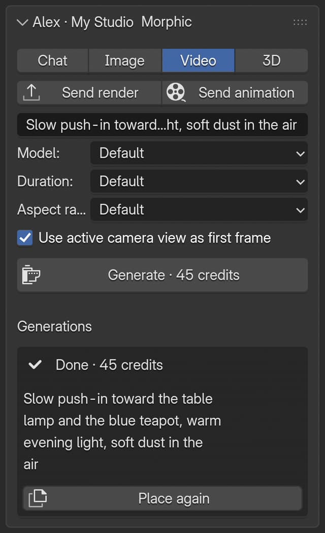 The Video tab with 'Use active camera view as first frame' on