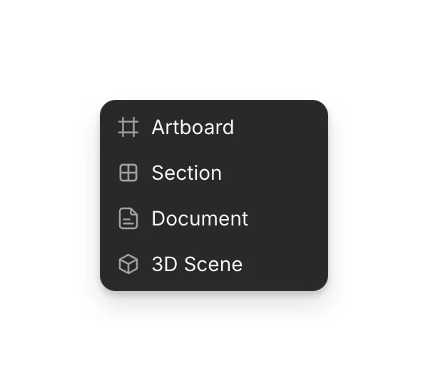 The Canvas '+' menu with Artboard, Section, Document and 3D Scene