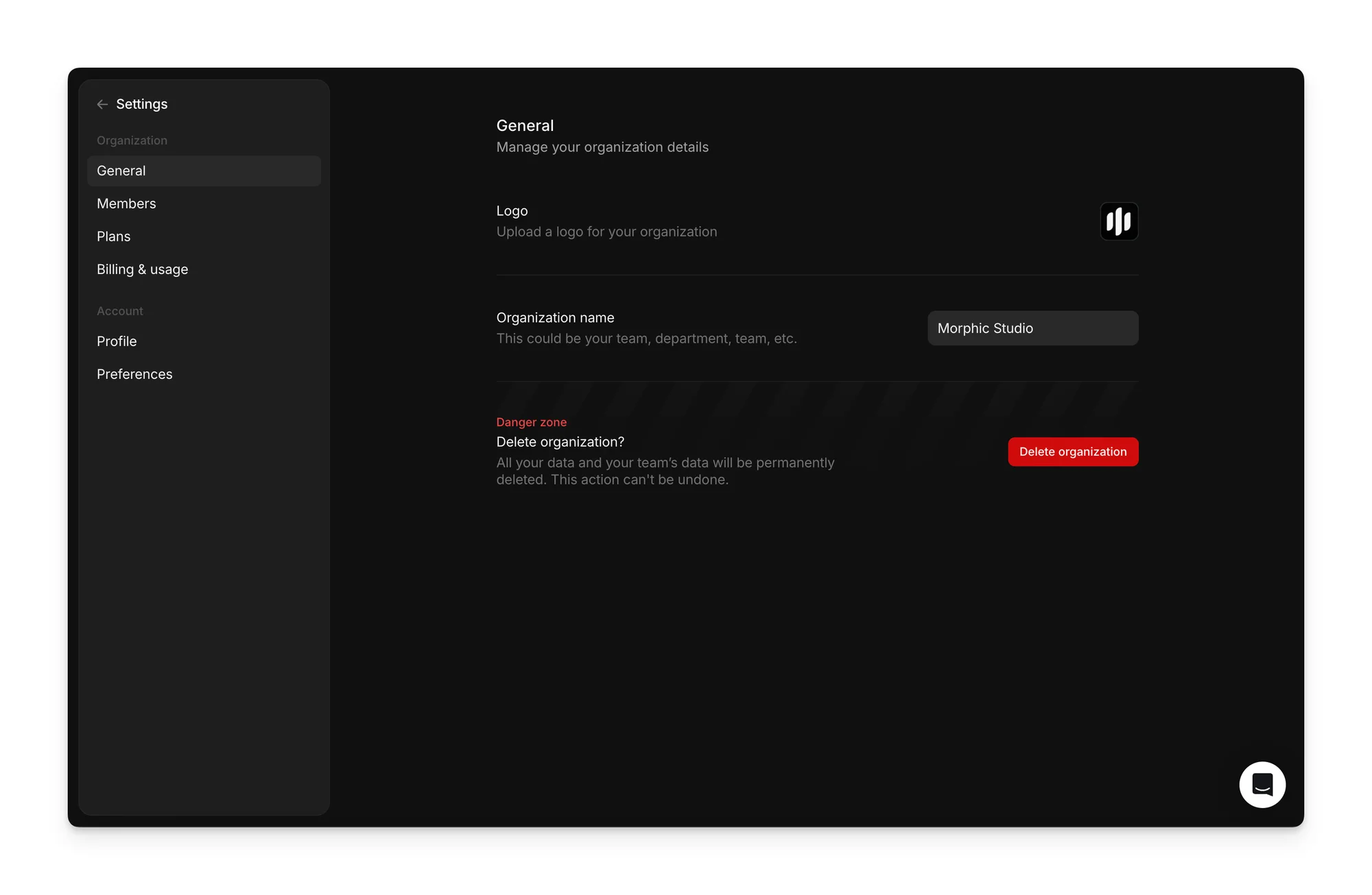 General settings page