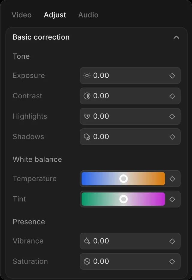 The 'Adjust' tab with 'Basic correction' open, showing the Tone, White balance and Presence settings