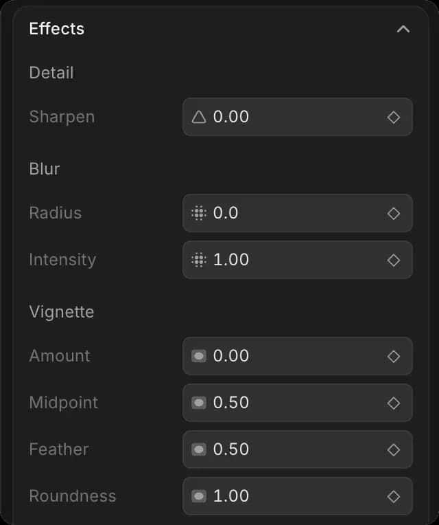 The 'Effects' section open, showing the Detail, Blur and Vignette settings, each with a keyframe diamond