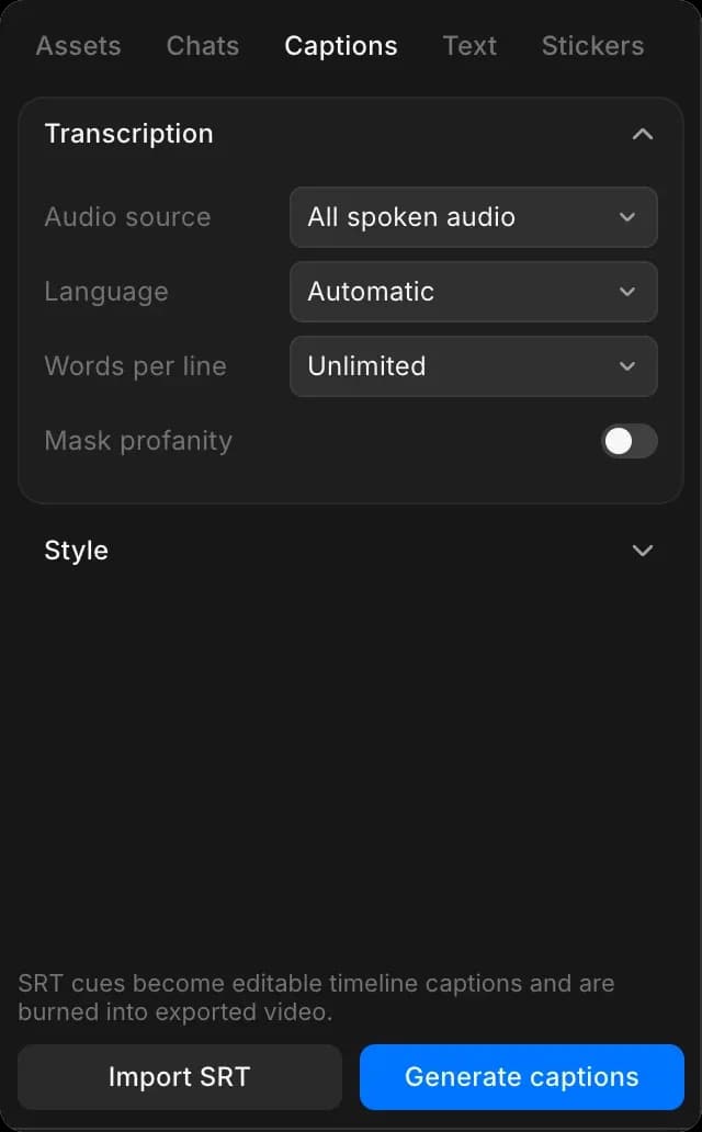 The 'Captions' tab: Transcription settings, with Import SRT and Generate captions buttons at the bottom