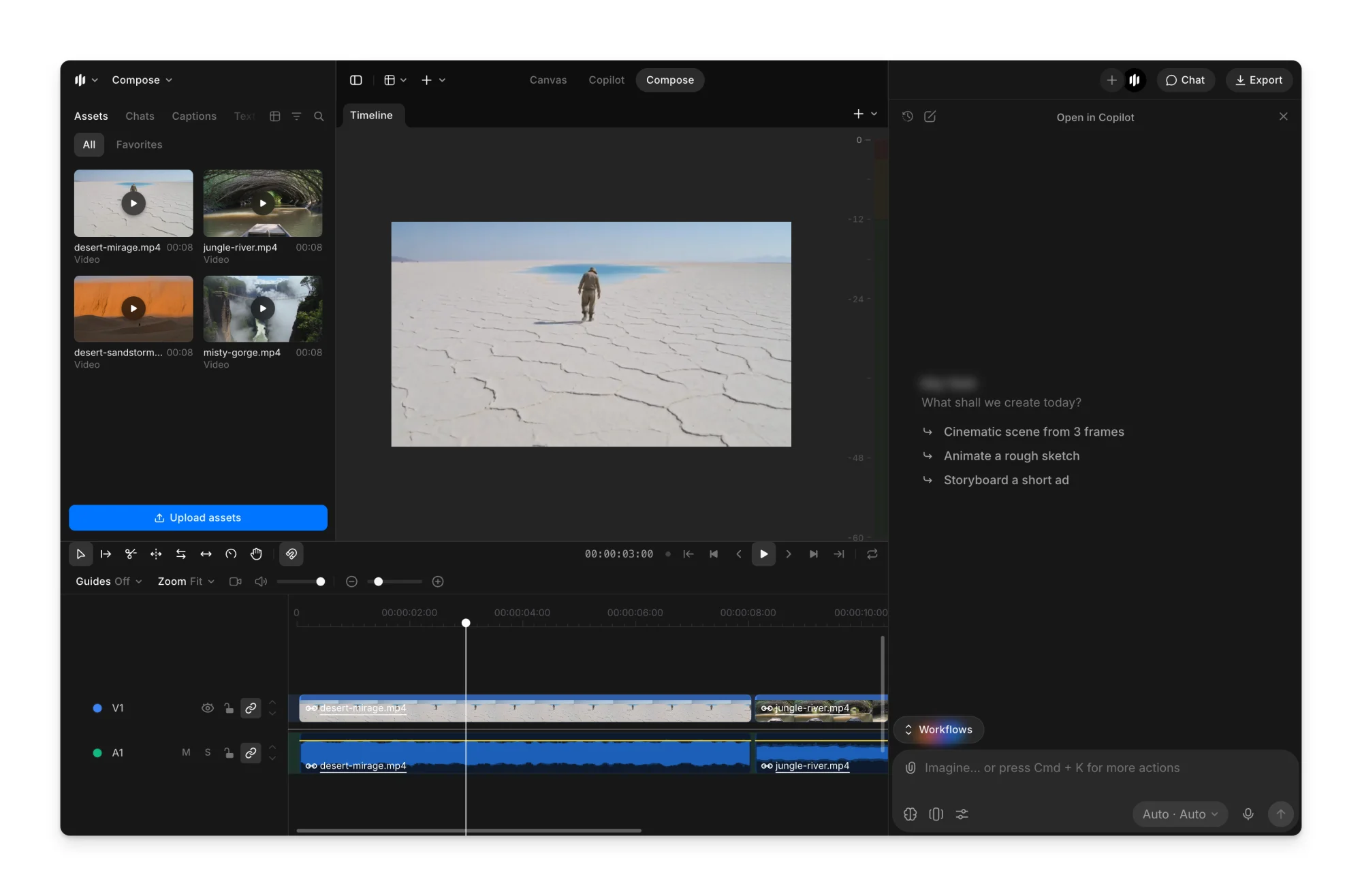 Compose with the Copilot chat open in the right panel, next to the Chat and Export buttons