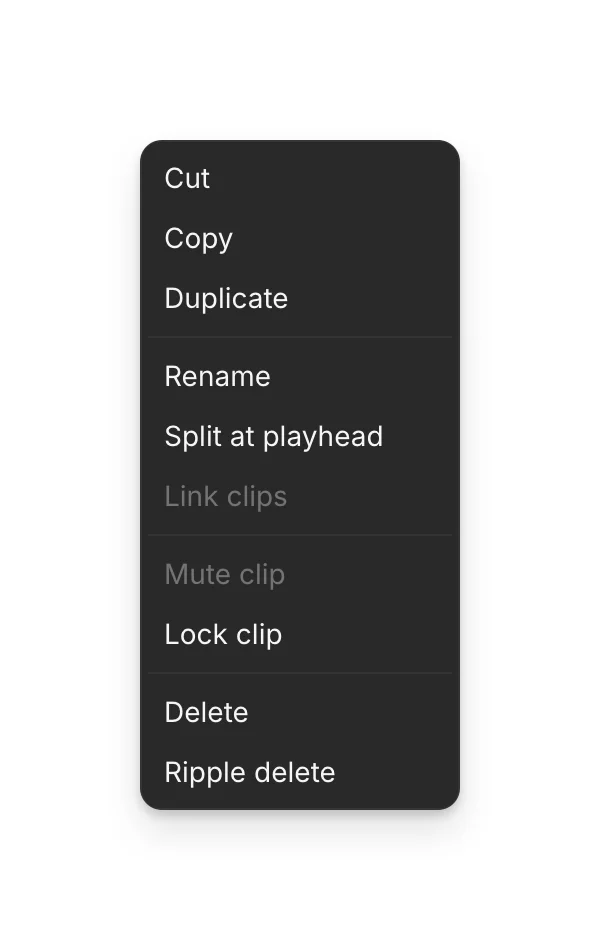 The right-click menu on a clip: Cut, Copy, Duplicate, Rename, Split at playhead, Link clips, Mute clip, Lock clip, Delete and Ripple delete