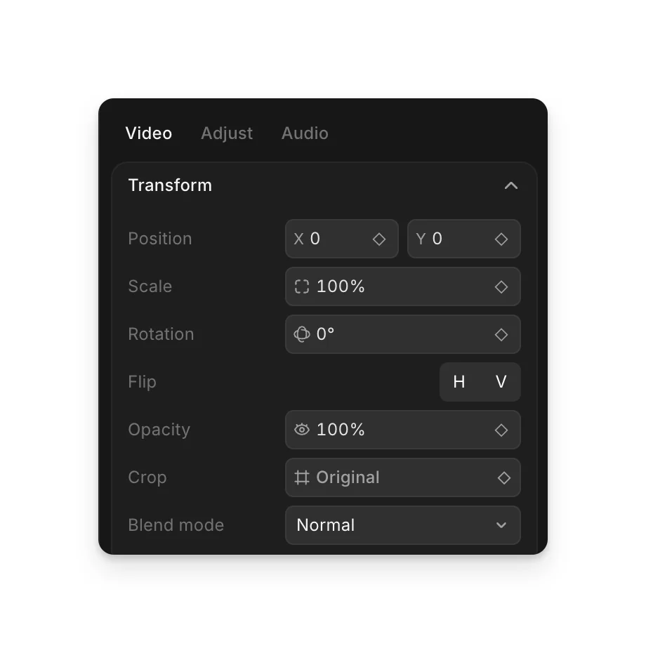 A clip's Video tab in Compose: Transform with Position, Scale, Rotation, Flip, Opacity, Crop and Blend mode, each with a keyframe diamond