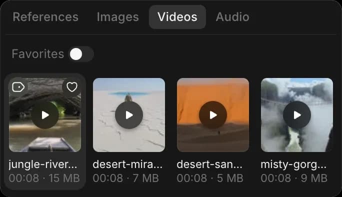 The picker that opens when you type @, on its Videos tab, showing four clips from the workspace