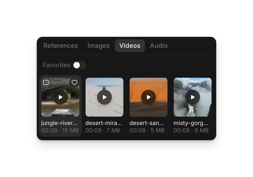 The picker that opens when you type @, on its Videos tab, showing four clips from the workspace
