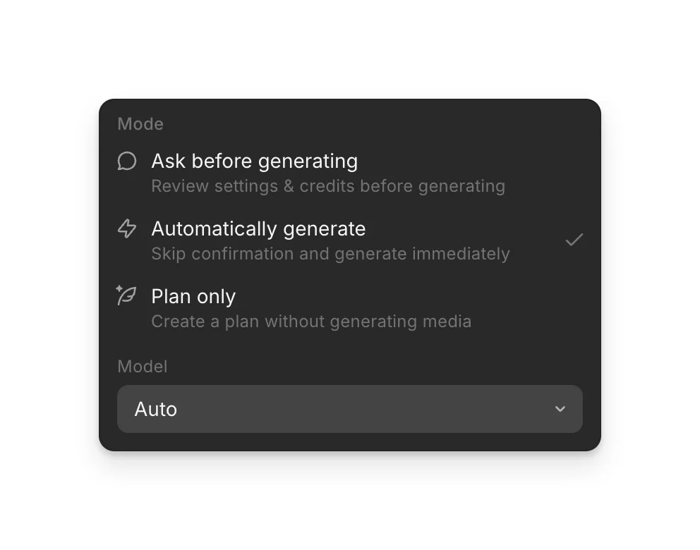 The mode and model menu: Ask before generating, Automatically generate, Plan only, and a Model picker