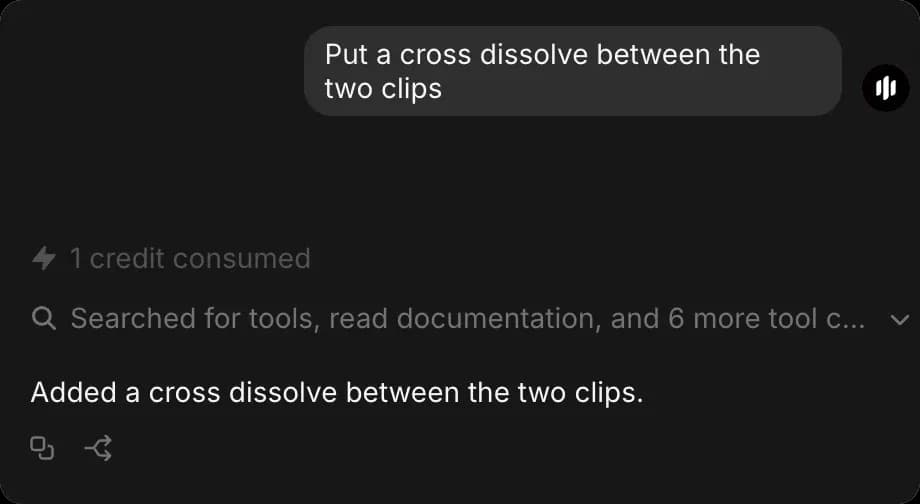 A Copilot reply in Compose: the request, '1 credit consumed', and 'Added a cross dissolve between the two clips.'
